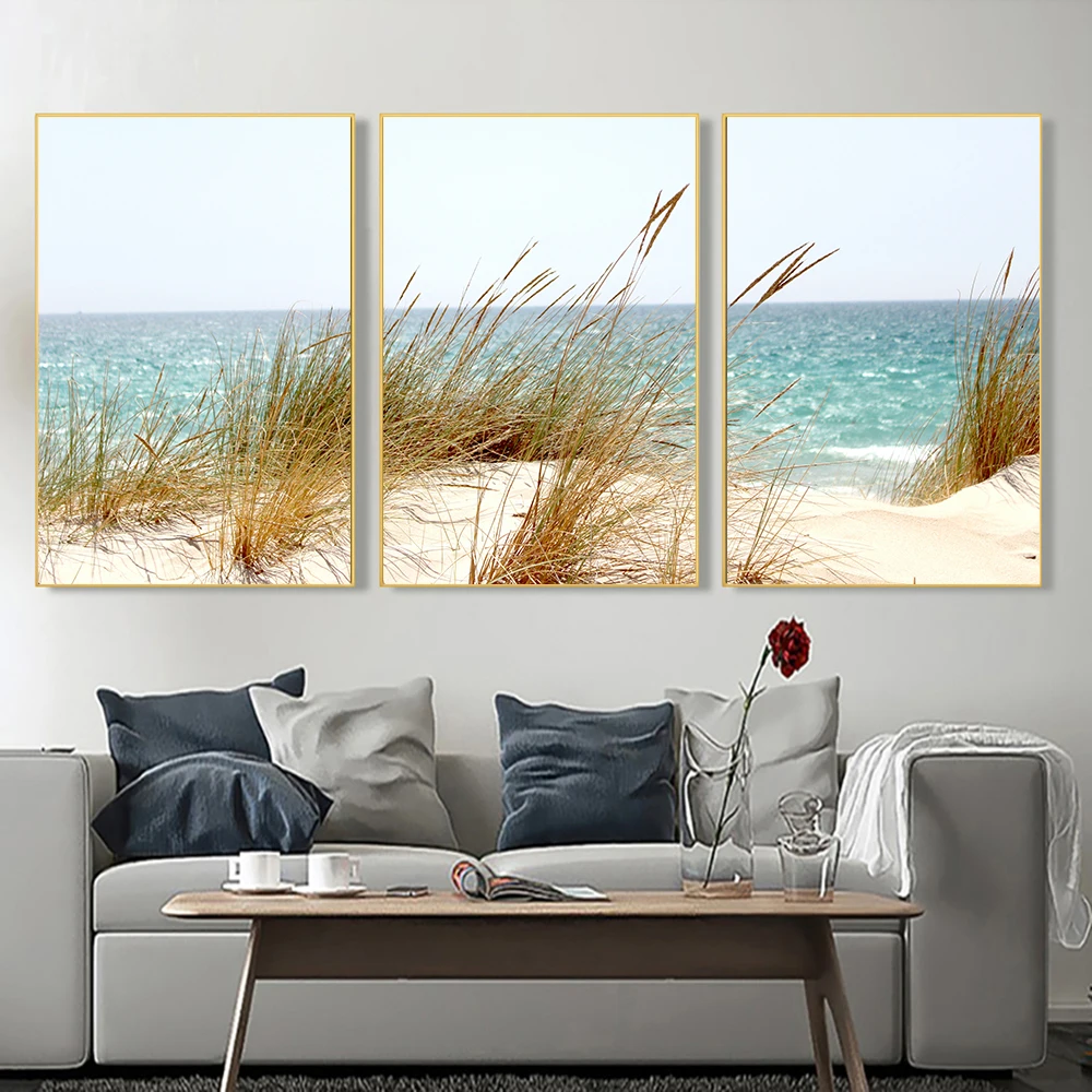 

Dog Tail Grass Sea Beach Canvas Painting Nature Seascape Posters And Prints Set 3 of Wall Art Pictures For Room Decor Frameless