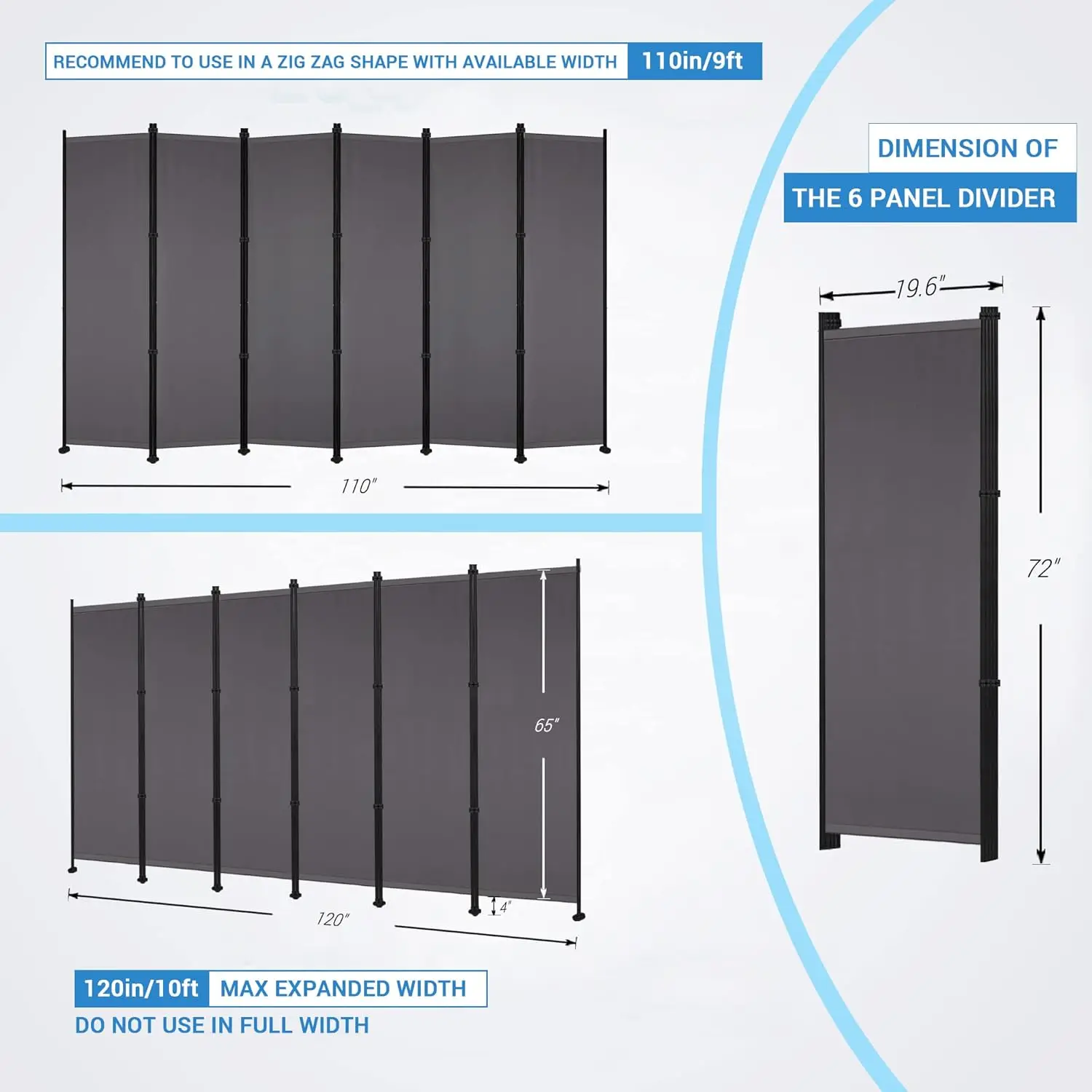 MAYOLIAH 6 Panel Room Dividers Folding Privacy Screen, 10ft Wide 6ft Tall Partition Office Walls Separator with Small Base, Grey