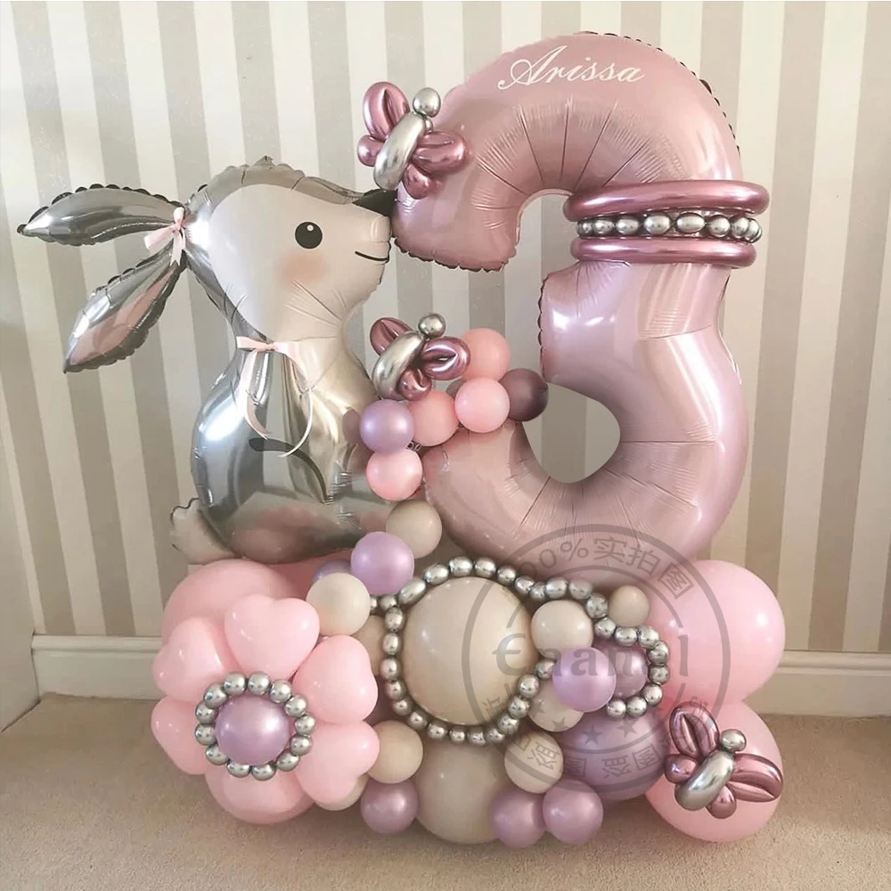 53szt Wielkanocny Królik Kreskówka Królik Balony foliowe z różowym 40-calowym zestawem kulek numerycznych Dziecko Dziewczynki 1. urodziny Baby Shower Deco