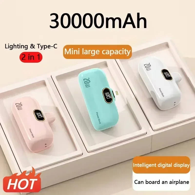 

30000mAh Wireless Power Bank Mini Capsule Capsule Fast Charging Mobile Power Supply Emergency External Battery For Type-c iPhone