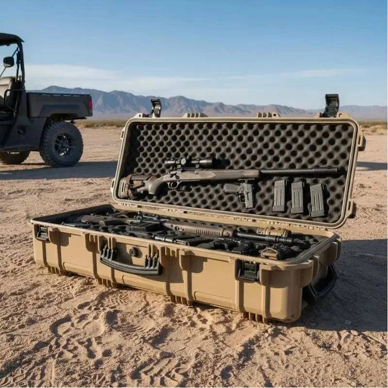 Hartschalen-Gewehrkoffer für lange Waffen, abschließbarer Gewehrkoffer mit vorgeschnittenen Schaumstoffeinlagen, Rollkoffer, IP67 wasserdicht, 1089x392x155 mm, Khaki