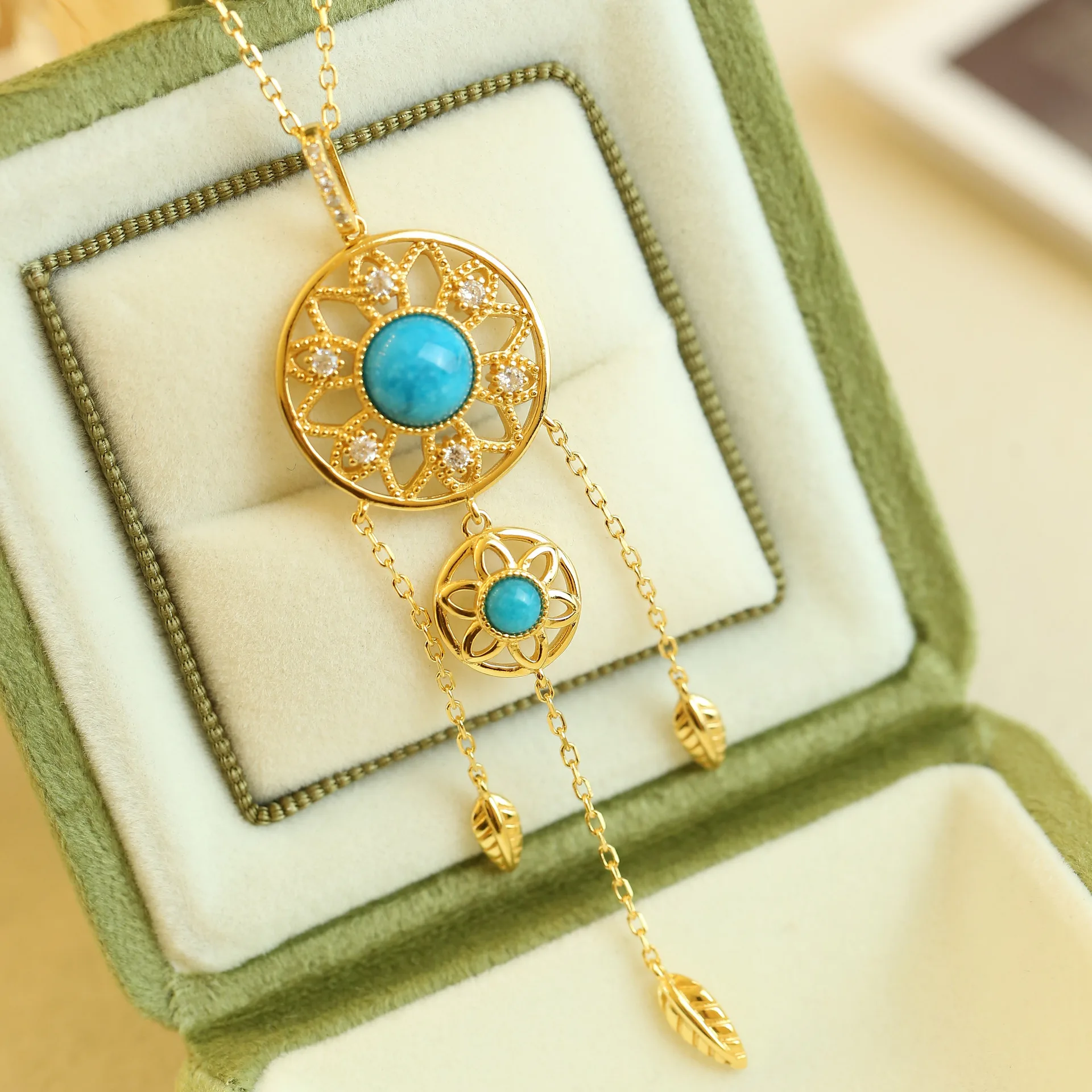 

S925 Sterling Silver Treated Turquoise Pendant Necklace, Palace Style Vintage Tassel Jewelry