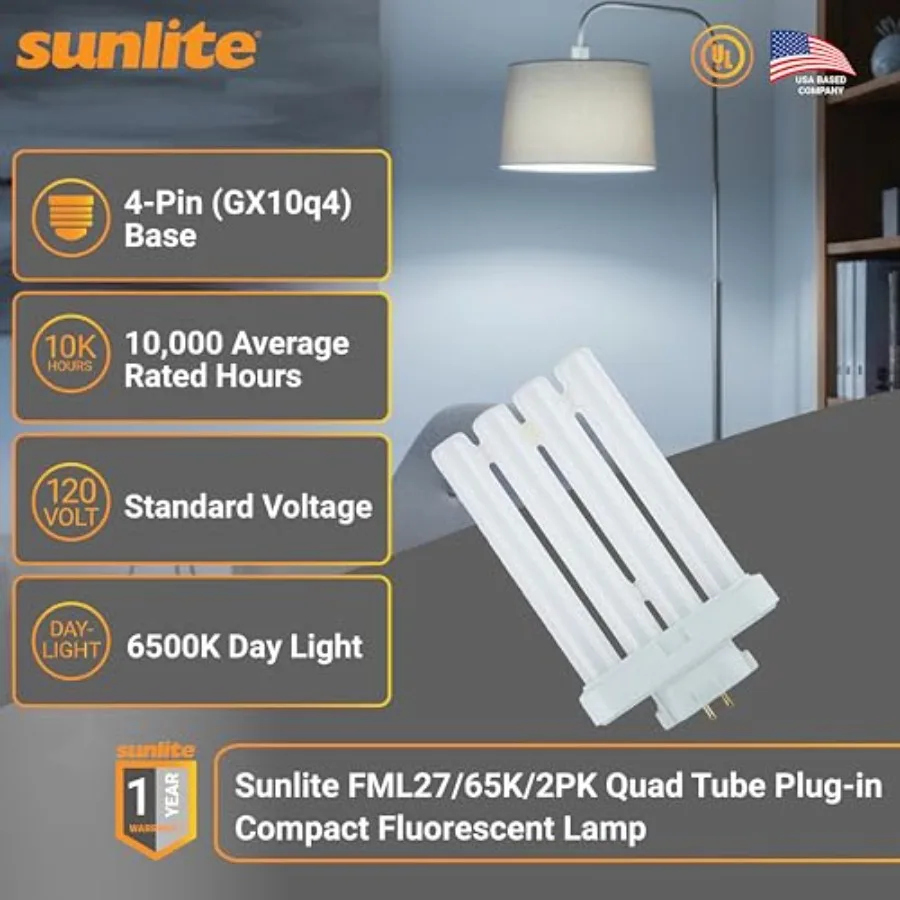 FML27/65K Quad Tube Plug-in Compact Fluorescent Lamp, FML 4-Pin, 27 Watts, 1500 Lumens,,4-Pin GX10q4 Base, 120 Volts, 1 Pack