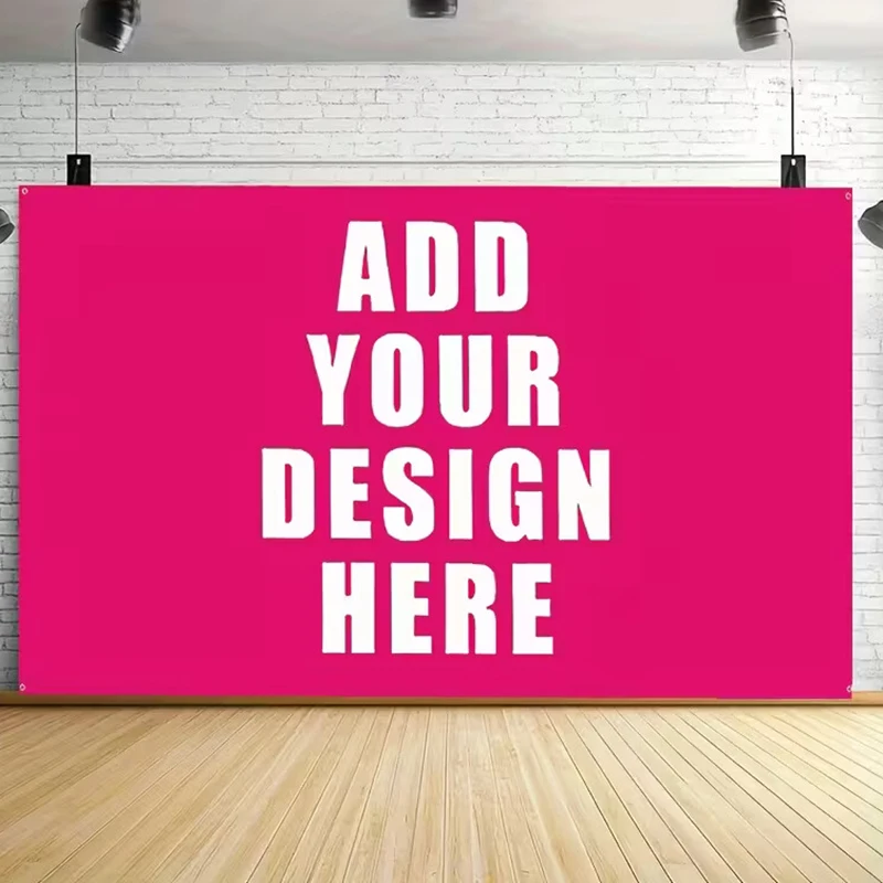 لافتة علم مطبوعة برسومات مخصصة أي نمط غطاء شعار نصي حلقات نحاسية تصميم مجاني لافتة إعلانية خارجية