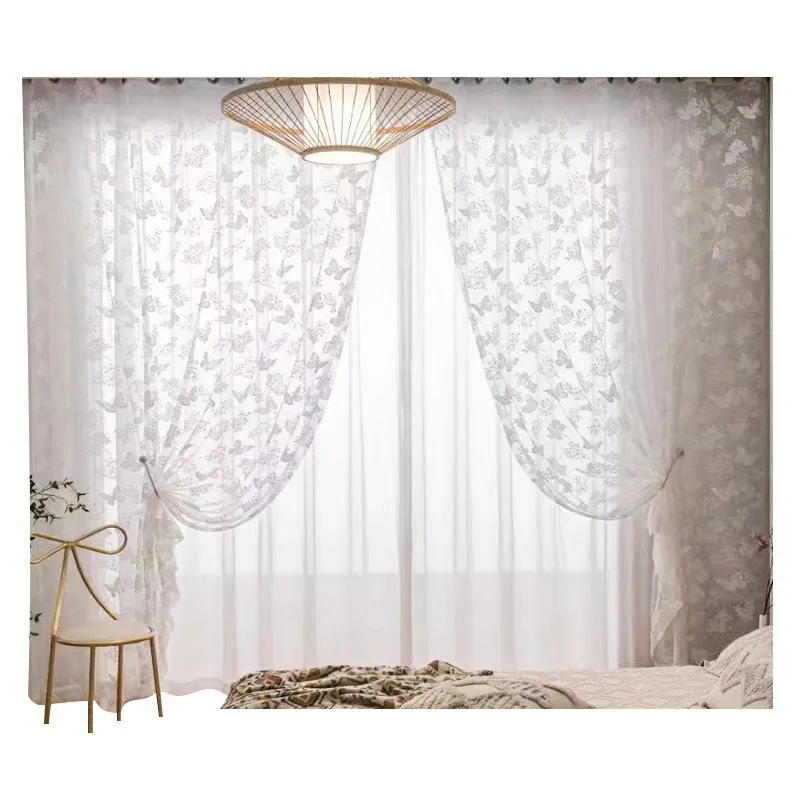 European Butterfly Lace White Tulle Sheer Curtains for Living Room Bedroom Dining Kitchen Window Decor Wedding Luxury Thicken