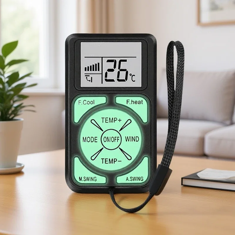 جهاز تحكم عن بعد صغير محمول مضيء بشاشة LCD عالمية A/C يتوهج في الظلام متوافق مع جميع مكيفات الهواء الرئيسية