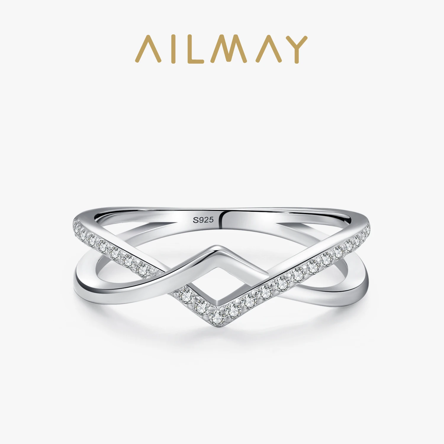 Ailmay 925 Sterling Silver Unique Fashion Cross Lines Cubic Zirconia Finger Ring For Women Engagement Anniversary Fine Jewelry