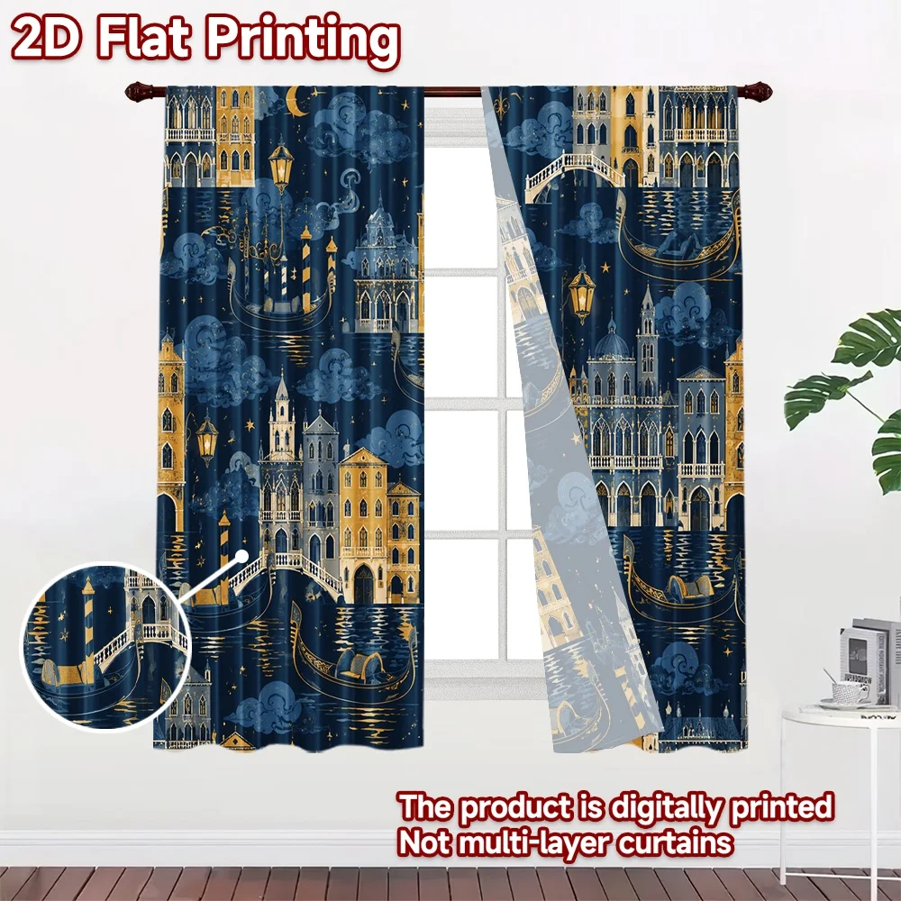 2D flat 2pcs Curtain Home Short Curtains Venice Moonlit Gondolas Digitally printed polyester, colorfast Family Party Decoration
