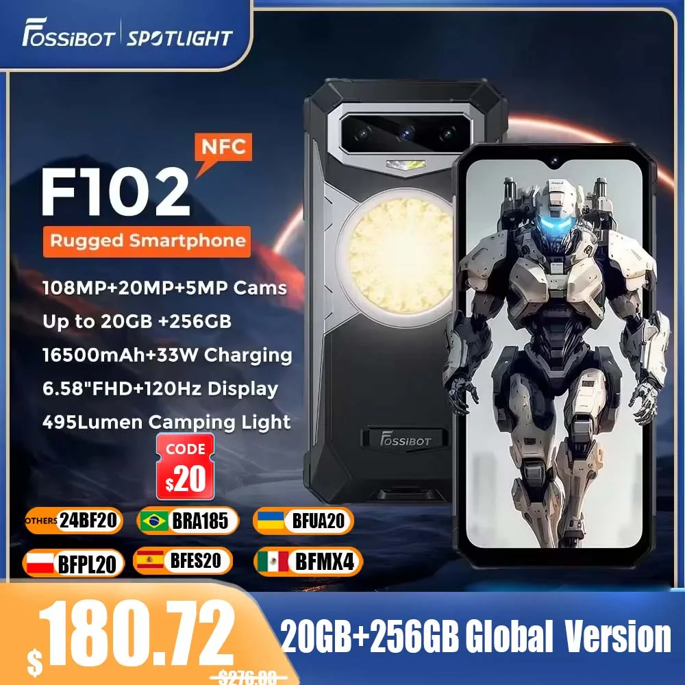 FOSSIBOT F102 Rugged 20GB+256GB 16500mAH Android 13,6.58 FHD, Camping Light  Waterproof, NFC 108MP,Helio G99 33W Fast Charging