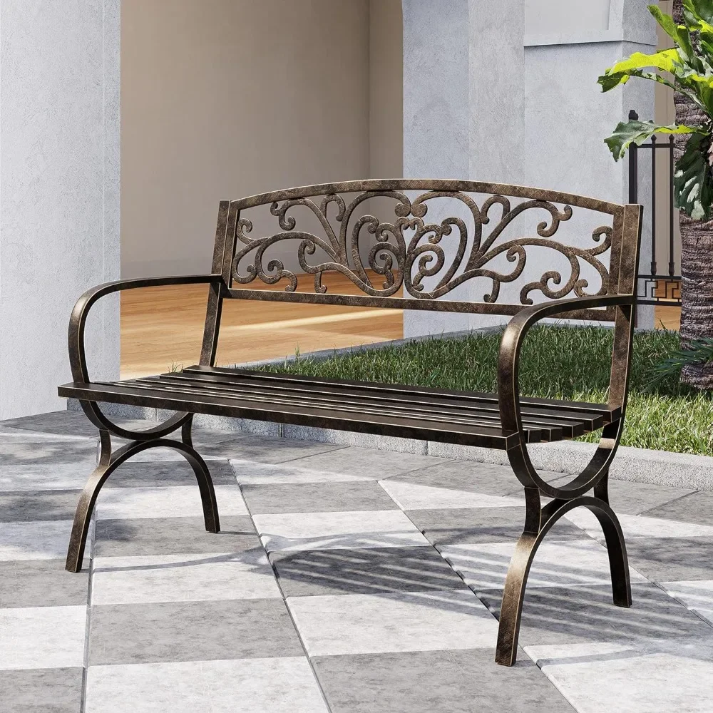 Outdoor Garden Bench, 50 inch Cast Iron Metal Loveseat Chairs with Armrests for Park, Yard, Porch, Lawn, Bronze Patio Benches