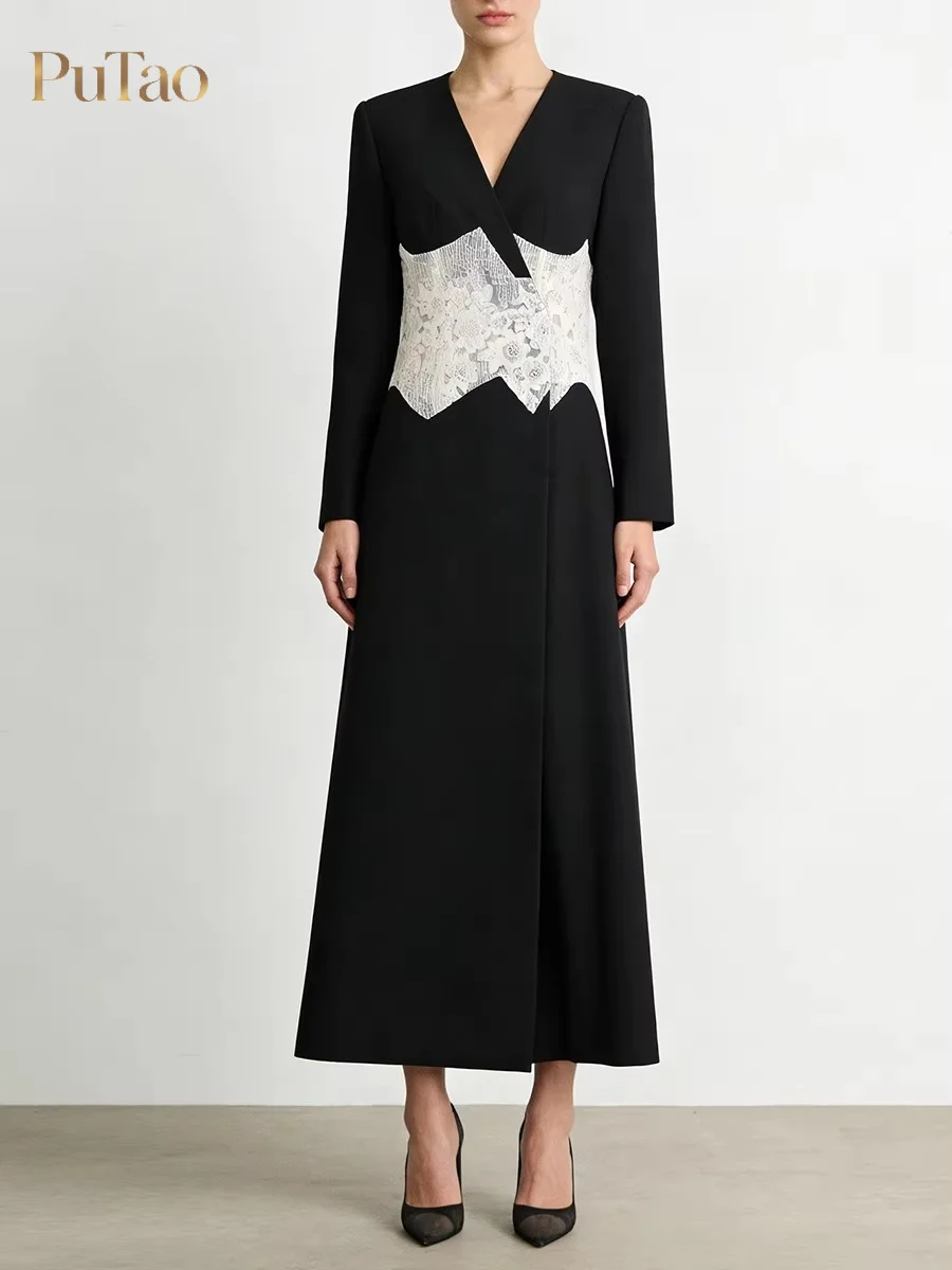 Putao Women V Neck Long Sleeve Midi Dress White Lace Corset Waist Patchwork Black Dress Front Slit Elegant Wedding Guest Evening
