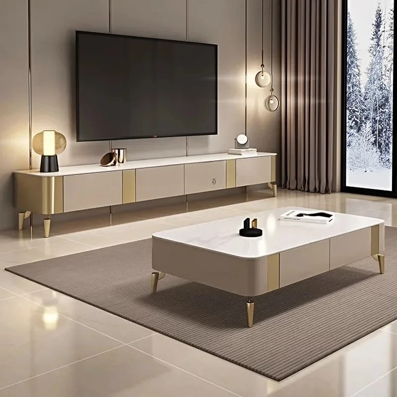 

Italian light luxury rock panel TV cabinet coffee table living room modern minimalist all solid wood TV cabinet