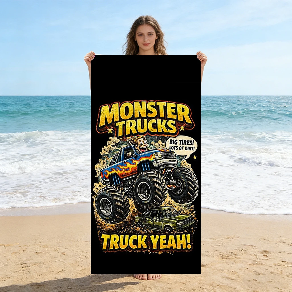 1pc M-Monster Trucks Large Tires Beach Towel Super Absorbent Suitable for Beach Vacation Pool Summer Gift for Friends And Kids