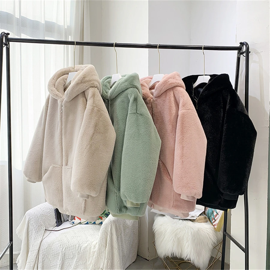 Women Warm Thick Overcoat Plush Outwear Top Pink Elegant Fashion Korean Jackets Winter Mid-length Faux Rabbit Fur Hooded Coat