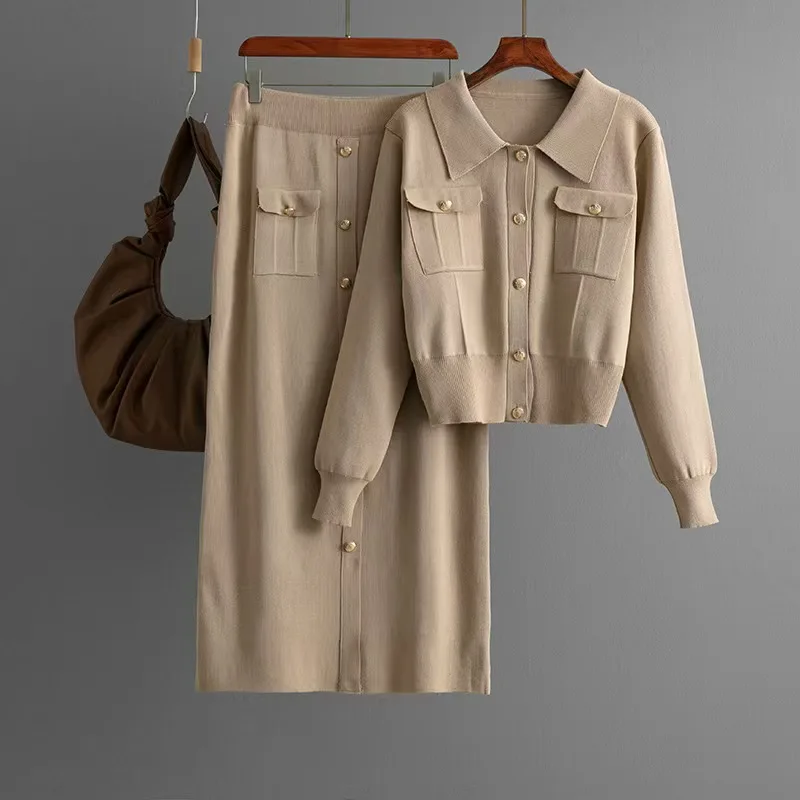 

Модный женский костюм, новый осенне-зимний свитер, кардиган, топ, вязаная полуюбка, комплект из двух предметов