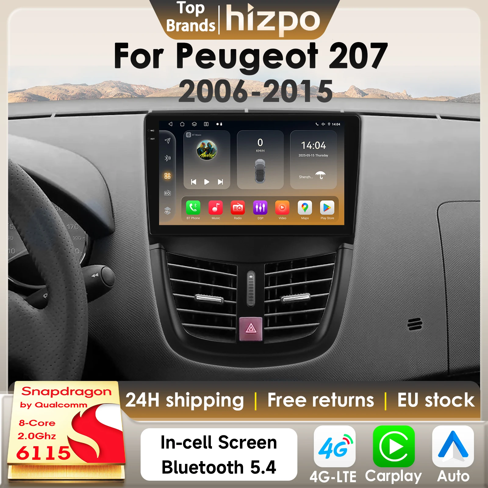 Hizpo Autoradio Autoradio pour Peugeot 207 207CC 2006-2015 sans fil Carplay Android Auto 2Din GPS stéréo 360 caméra Snapdragon6115