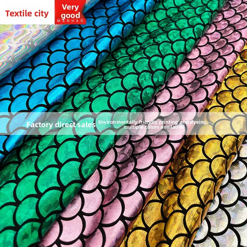 Four-sided Stretch Fish Scale Laser  Reflective Fabric By The Meter for Clothes Dress Toy Sewing Bronzing Cloth Colorful Blue