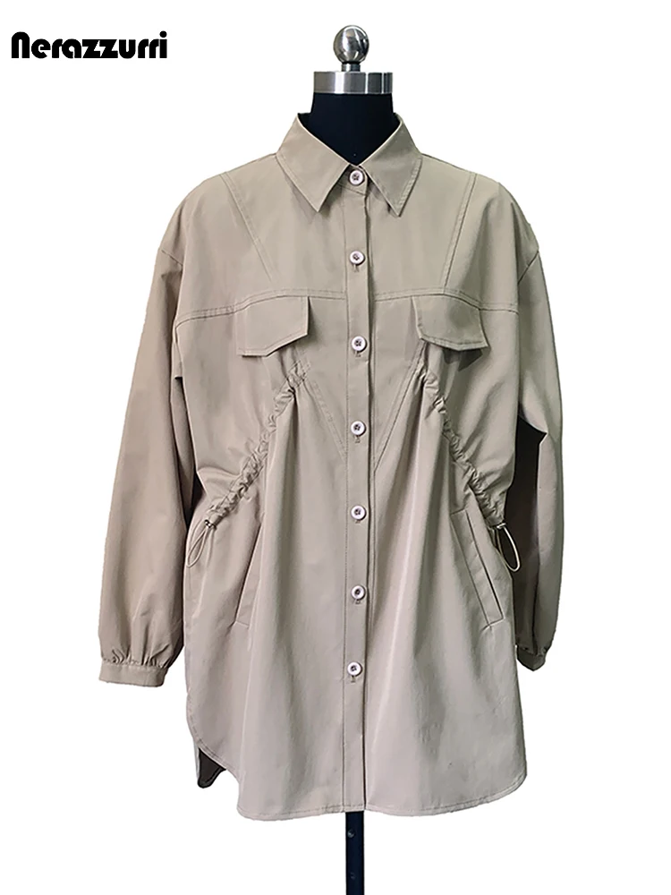 

Nerazzurri Spring Autumn Light Khaki Shirt Jacket Women with Drawstring Waist Turn-Down Collar Chic Luxury Designer Clothes 2026