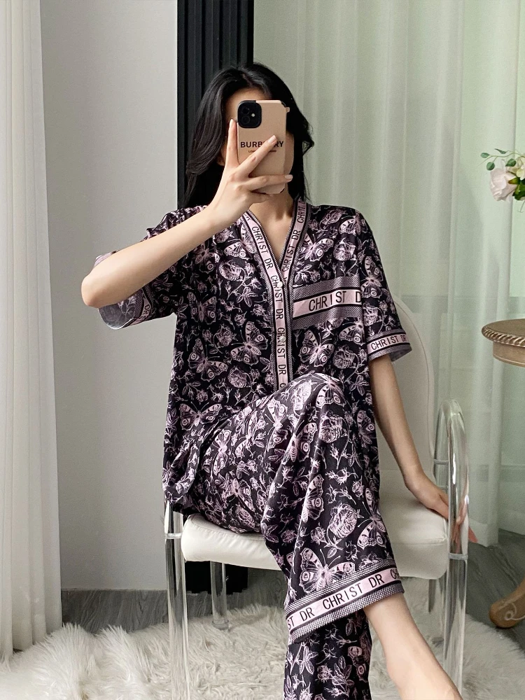 Summer Light Purple Printed 3-Piece Pajama Set Women 2024 New High-Quality Ice Silk V-Neck Top+Shorts+ Pants Thin Home Clothing