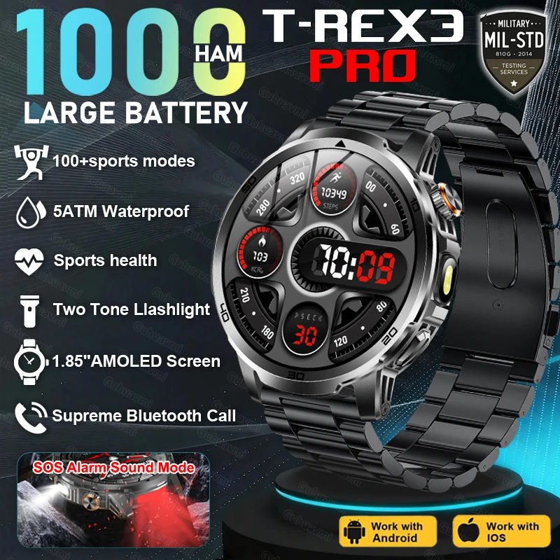 

T-Rex 3 Pro Military Grade 1000mAh Battery Smart Watch IP68 Waterproof Bluetooth call AMOLED HD Sports Smart Watches 2026 New