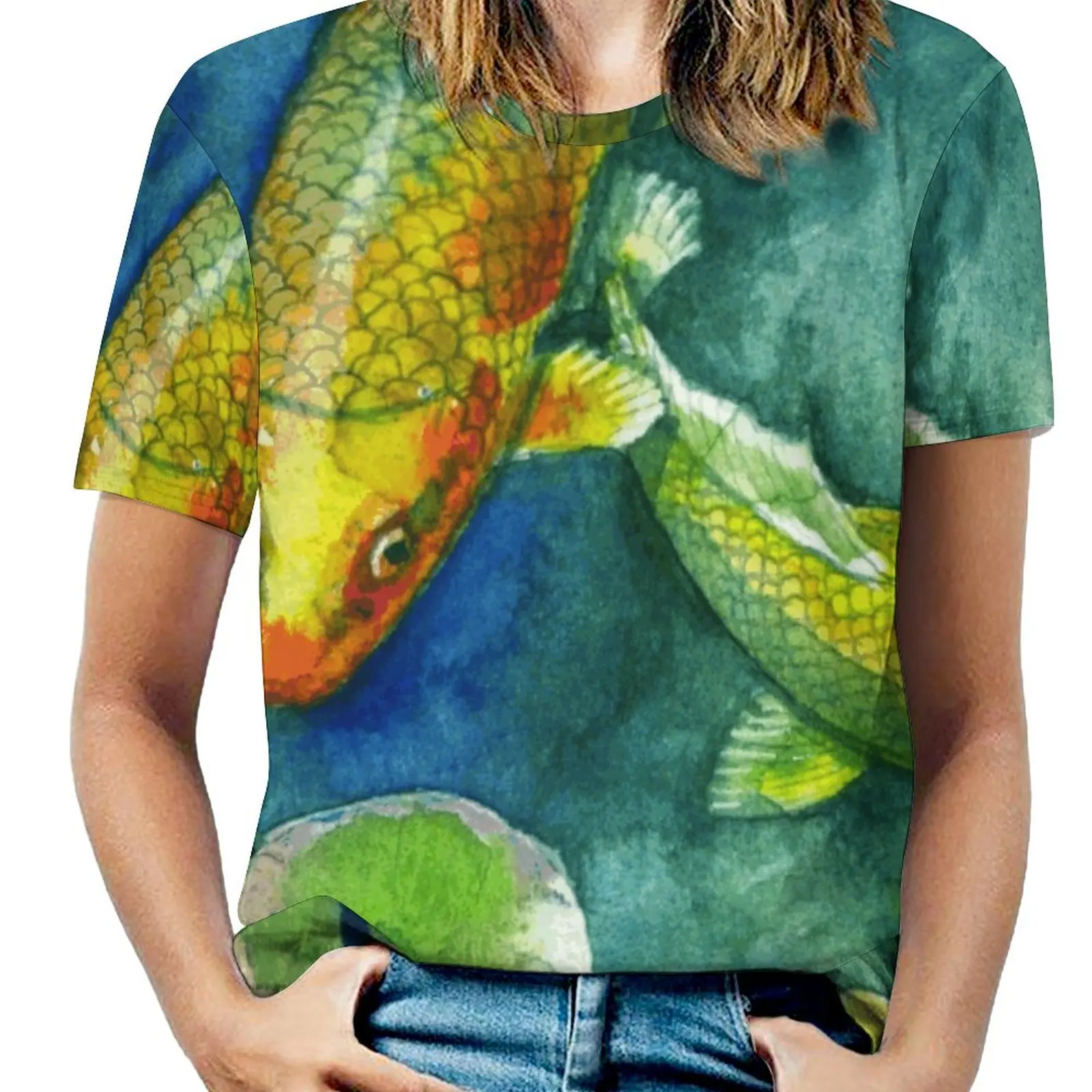 Pond Fashion Print Women Ladies Girls T-Shirt Harajuku Round Neck Short Sleeve Tops & Tees Fish Pond Water Lily Blue Green