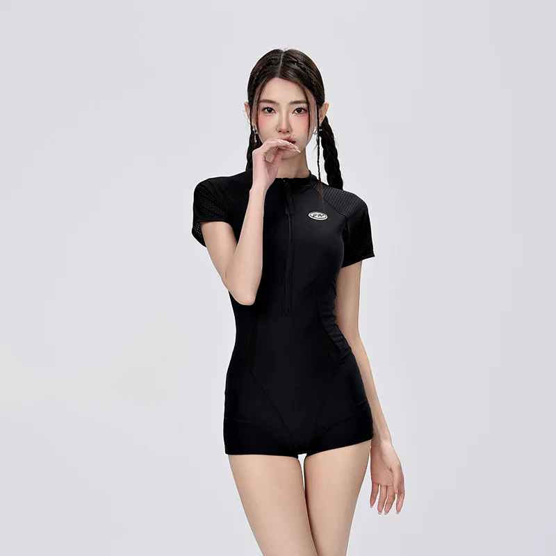 

Women Short Sleeve WaterProof Sexy Push Up Training Beach SwimSuit Girl One Piece Professional Competition Surfing SwimWear