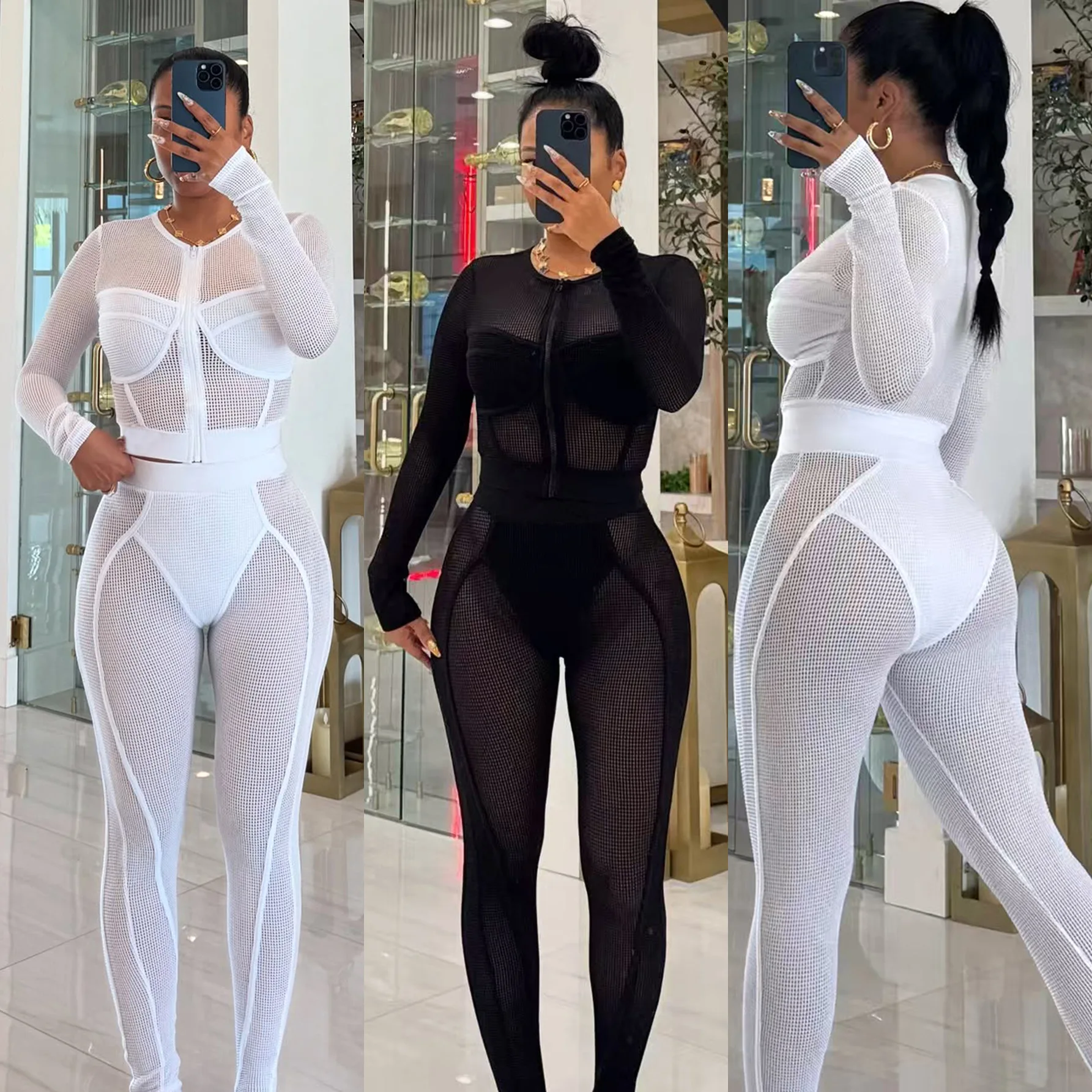 Sexy Hollow Out Bodycon 2 Pieces Set for Woman Mesh See Through Long Sleeves Tops + Leggings Matching Female Streetwear