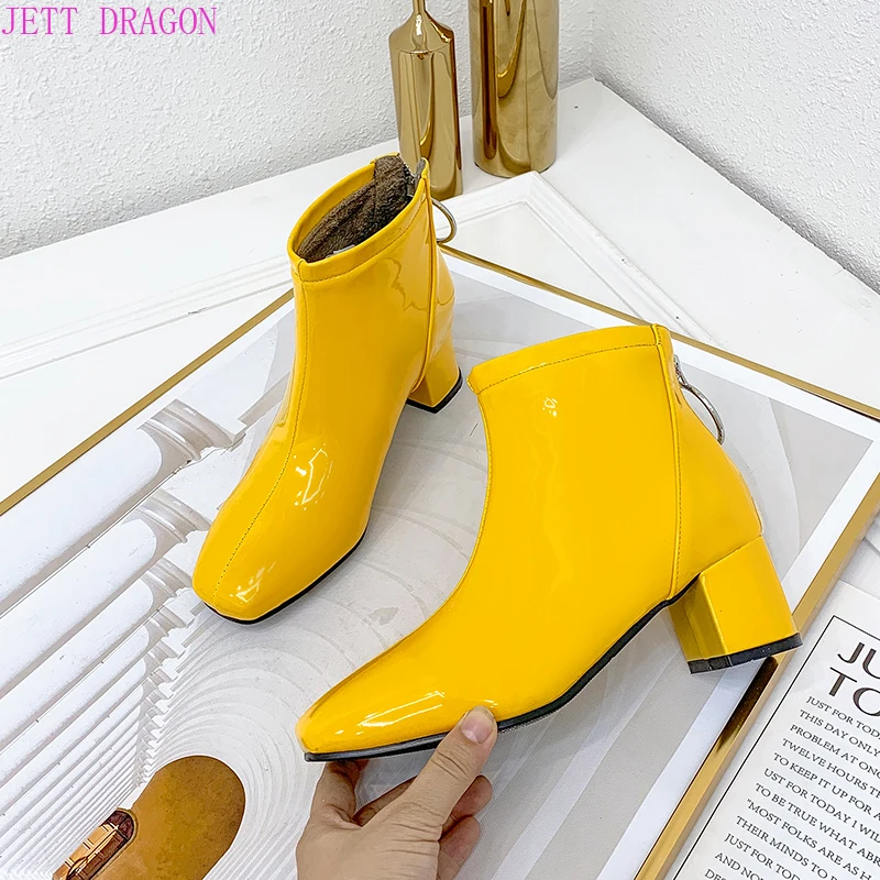 Autumn Fashion Ankle Boots Patent Leather High Heel Women Zipper Boots Square Toe Winter Female Boots Black Pink Red White 33-43