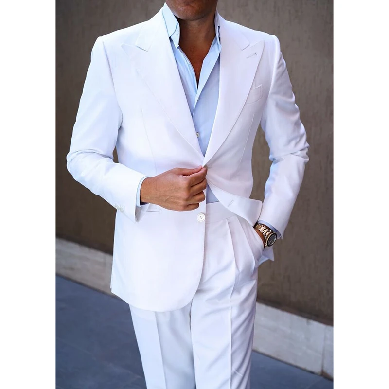 2026 New Design Business 2 Piece Men Suits Slim Fit Peaked Lapel Groomsmen Tuxedo White Formal Wedding Male Suit (Blazer+Pants)