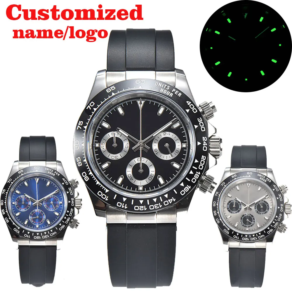 

39.3mm men's watch custom logo stainless steel case rubber strap sapphire glass Japan VK63 quartz movement chronograph watch