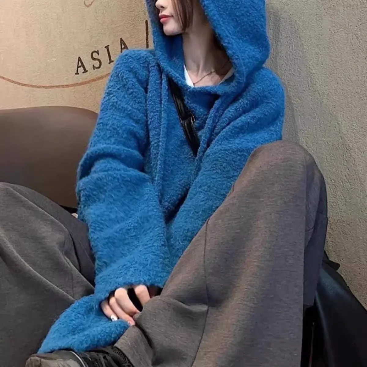 

Женский свободный теплый свитер с капюшоном, мягкий нечеткий вязаный длинный све, осень-зима, новый повседневный корейский свитер для поездок на работу