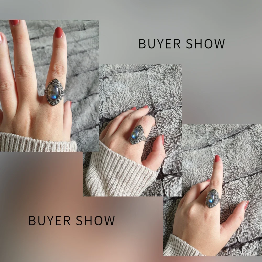 Women's Jewelry S925 Silver Ring Oval Natural Labradorite Rings Finger Ring Retro Black Agate Rings Jewelry Party Gift