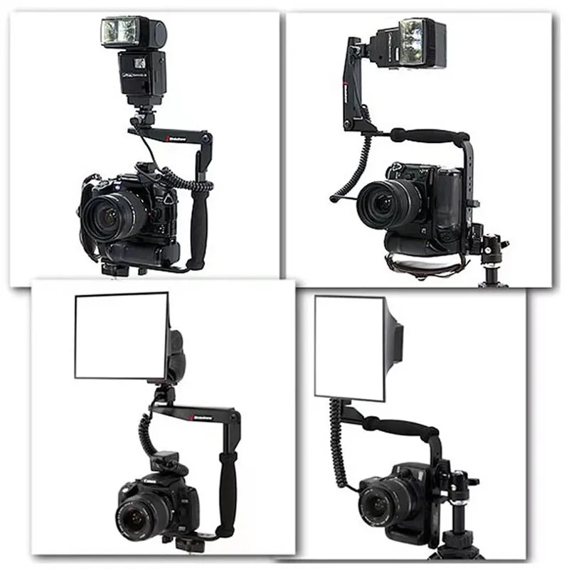 U-şekilli geri dönüşümlü dönen flaş braketi Video kolu el sabitleyici kavrama kamera kamera Mini DV DSLR SLR için dönebilir