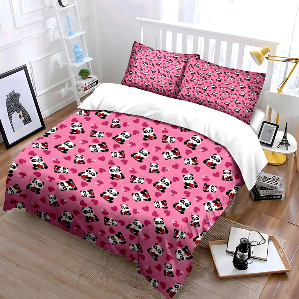 Pink background pandas and hearts Bedding Set for Kids Luxury Gift 3pcs Digital Print Comforter Set Soft Comfortable Breathable