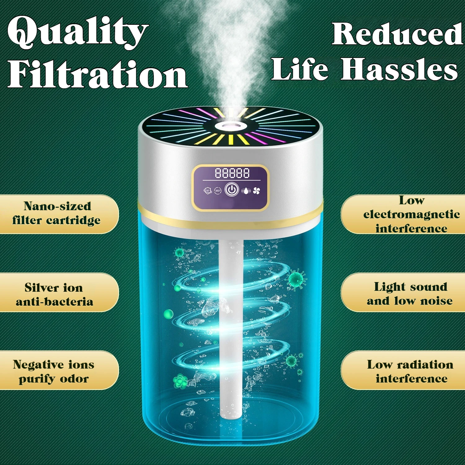 ناشر الروائح العلاجية - رذاذ الهواء الصامت، مرطب USB وأضواء ملونة ذكية، منقي هواء المنزل والسيارة #3