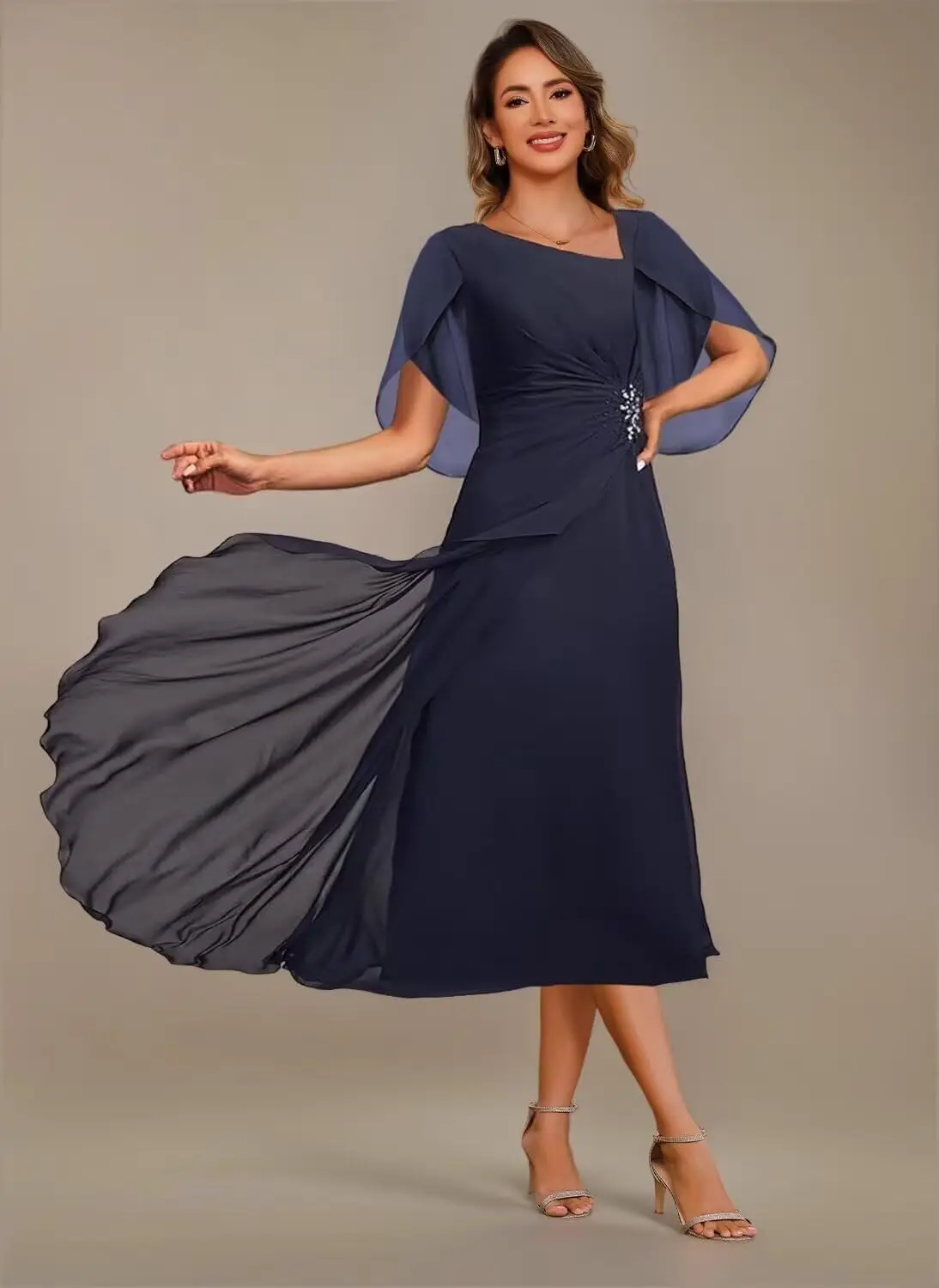 Gaun Ibu Pengantin Wanita dengan Kerah Asimetris untuk Pernikahan Gaun Malam Formal Lengan Pendek Berbahan Sifon