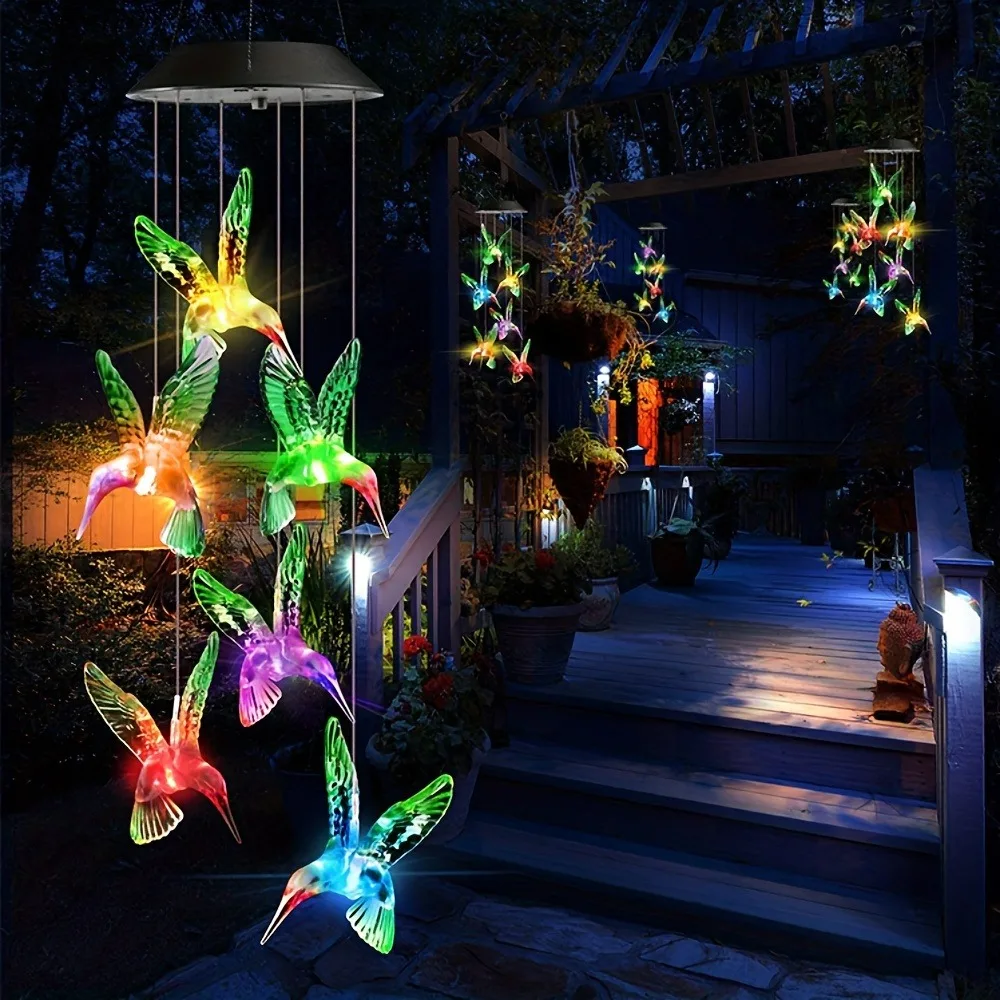 1PC Solar-Powered Hummingbird Wind Chimes - Color-Changing LED Light - Outdoor Garden Decor