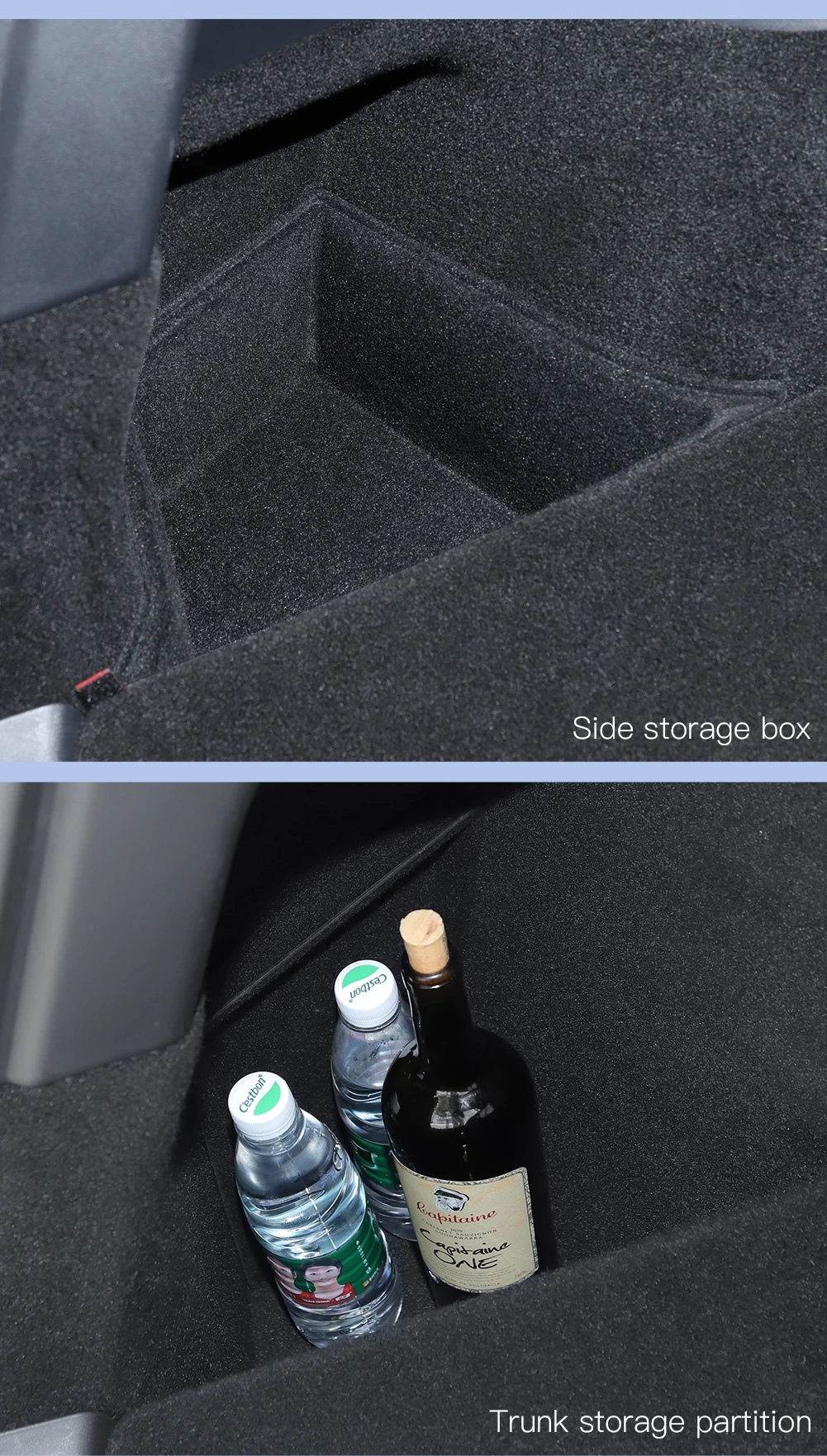 YZ Kofferraum-Seitenstauraumbox für Tesla Model Y Juniper 2025-2026 mit beflockter TPE-Abdeckung, Matte und Trennwand zur zusätzlichen Stauraumnutzung – Detail 27
