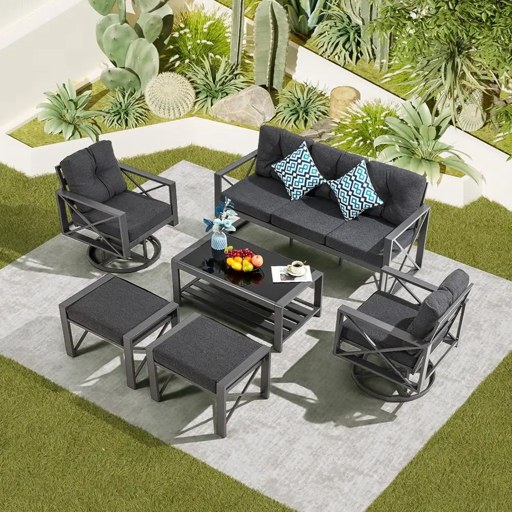 

6 Pieetal Patio urniture Set, Outdoor Seating urniture with Swivel Chairs and Ottoman Ideal or Indoor Porch Deck Bistro Lawn Gar