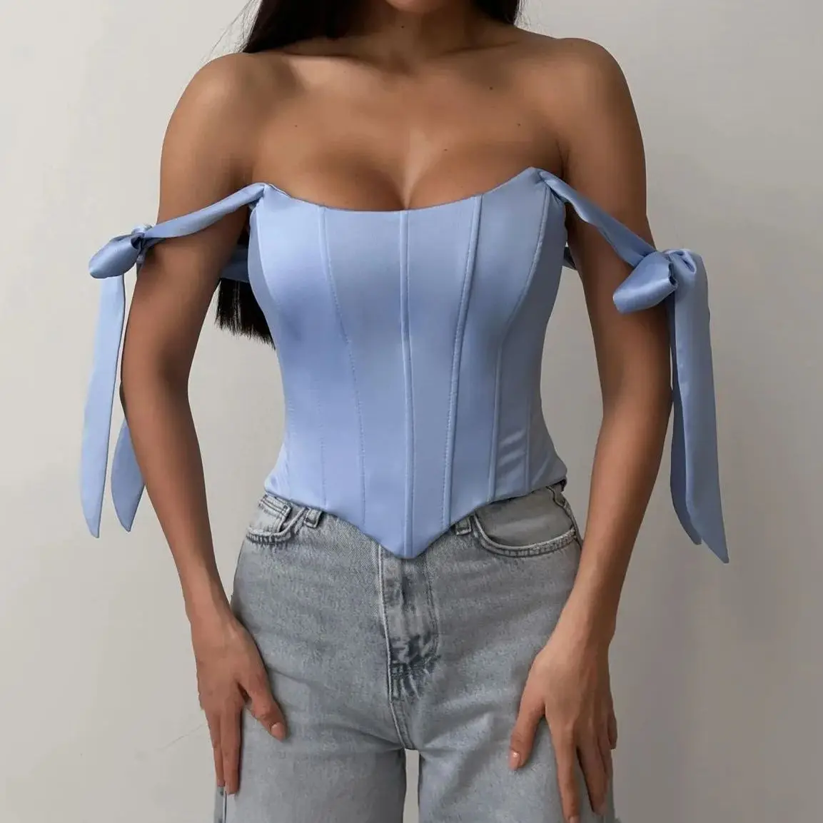 

Однотонный атласный корсет, топы с бантом и ремешком, женские топы на шнуровке, корректирующее белье, корсеты, сексуальный жилет, тонкий топ, летняя мода, камзол