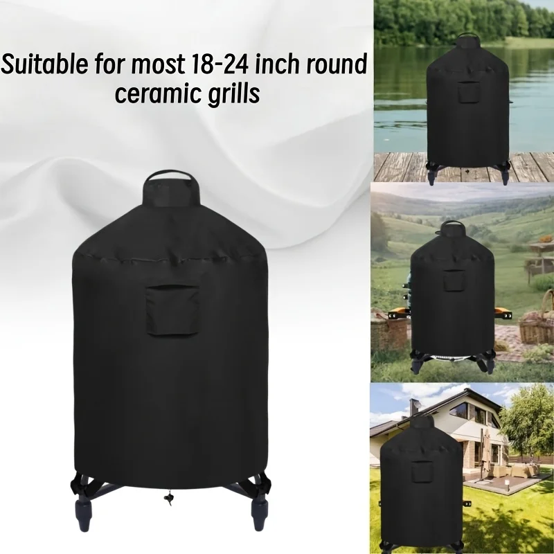 Black Heavy Duty Outdoor Kamado Grill Cover 2 Sizes Fit 18-24 Inch Round Ceramic BBQ Grill Dustproof Protective Cover