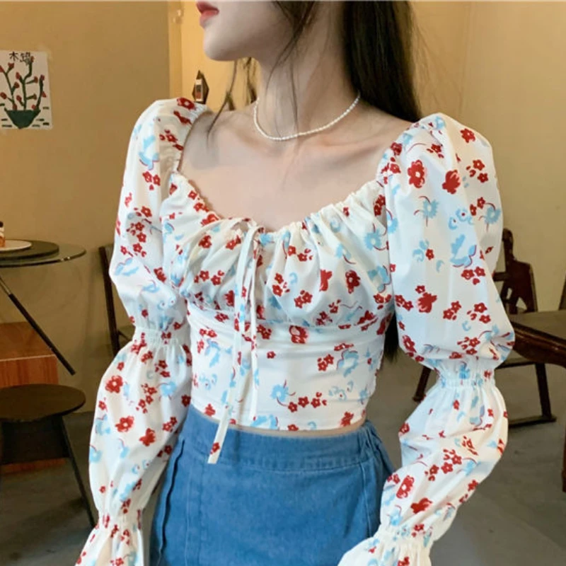 Floral Blouses Women Puff Sleeve Spring Female Fashion Hotsweet Crop Tops Vintage Daily Casual Soft All-match Korean Style Slim