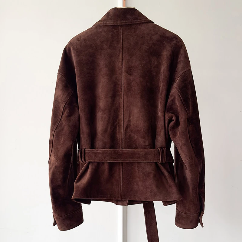 Chaqueta de piel de cabra de piel auténtica para mujer, abrigos de ante para niño, solapa informal, cinturón con cordones, chaqueta ajustada de cuero auténtico, Tops 2026