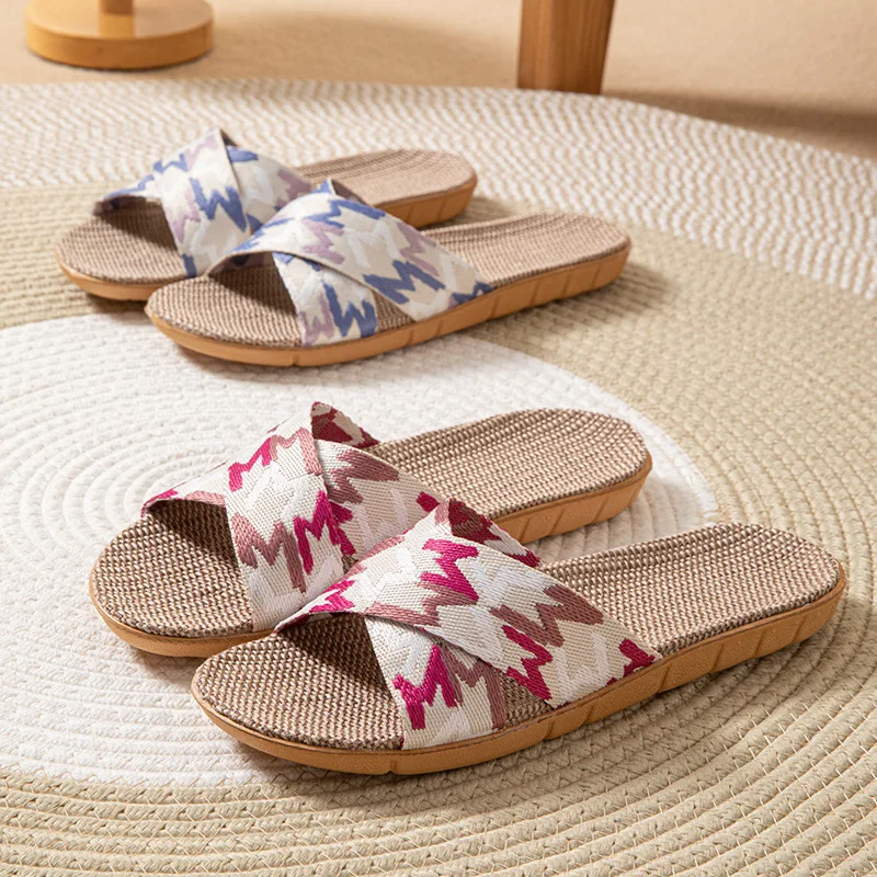 

Linen Women's Slippers Home Flats Summer Casual Designer Woman Shoes Elegant Hemp Indoor Slides Couple Soft Non-Slip Lightweight