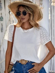 Women's summer fashion casual knit crew neck hollow embroidery simple solid color short sleeve