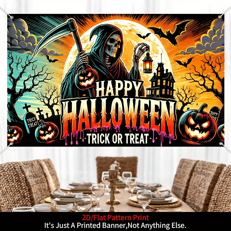 VIKAMA Halloween Gothic Wall Tapestry Sickle Black Robe Grim Reaper Pumpkin Banner Haunted House Bat Cemetery Party Decoration