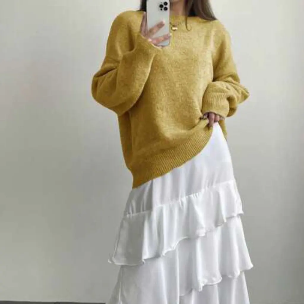 

Korean Style Simple Overhead Knitted Sweater Round Neck Women's Autumn Winter Loose Versatile Lazy Pure Color Top Trendy
