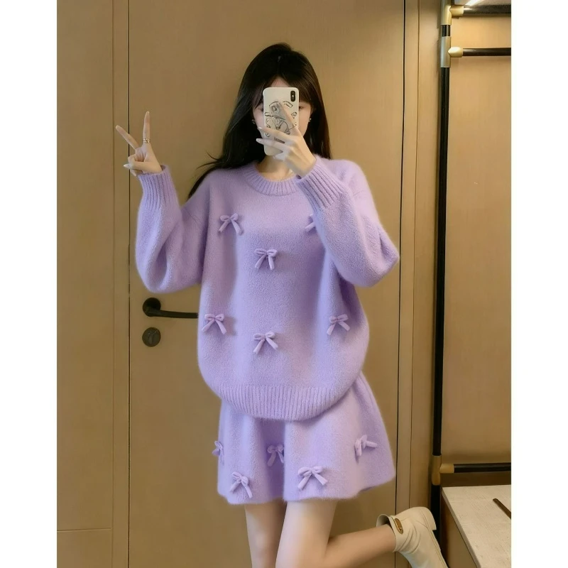 

2026 Autumn/winter New Fashion Slimming Short Skirt Two-piece Set French Laid-back Style Bow Elegant Atmospheric Sweater Women's