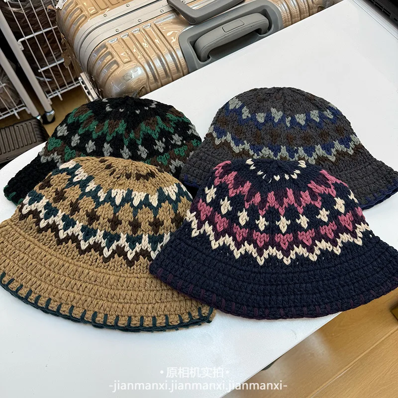 Japanese Diamond Pattern Knitted Bucket Hat Women 2025 Winter New Model Face-covering Basin Knitted Bucket Hat