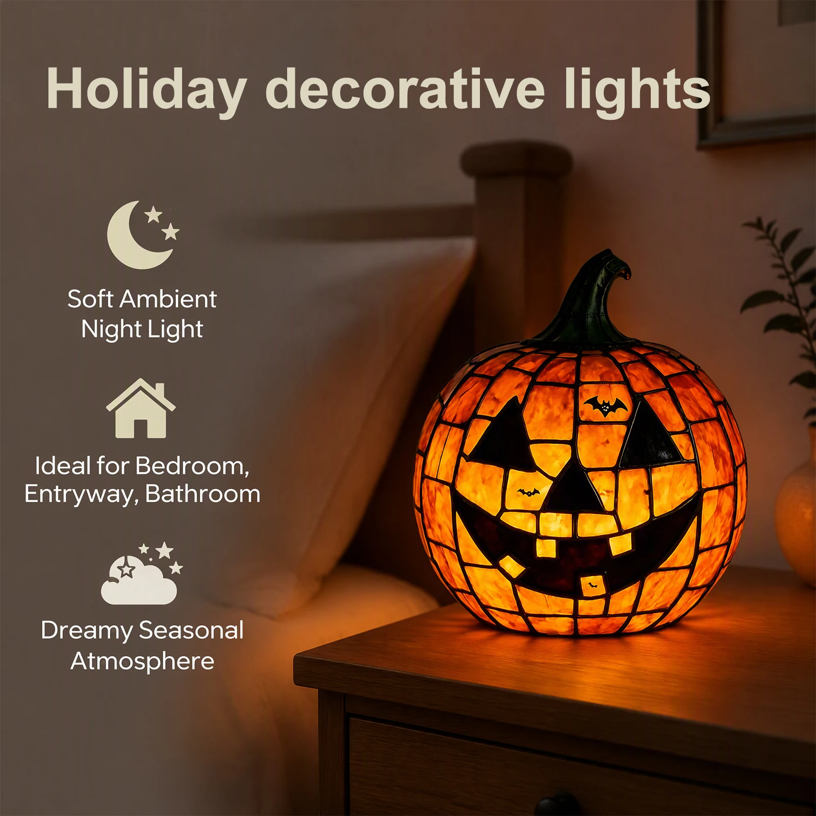 Halloween Lantern USB Glass Pumpkin Night Light Handcrafted Decorative Seasonal Home Decor Desk Lamp